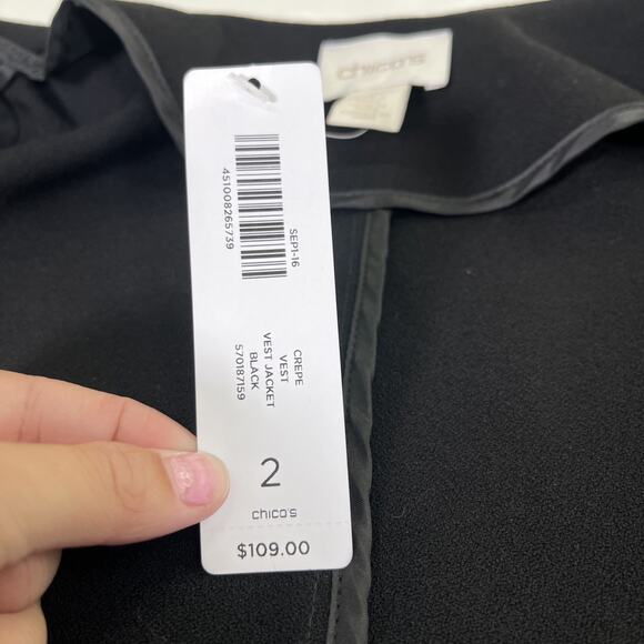 NWT Chicos Sz. 2 Crepe Vest Jacket Womens Black Longline Jacket Belted Charity - Picture 9 of 13